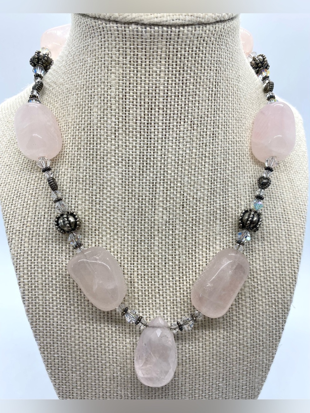 Pink Rose Quartz Beaded Necklace Boho Chunky Summer Coastal Beach Eclectic - Picture 2 of 10